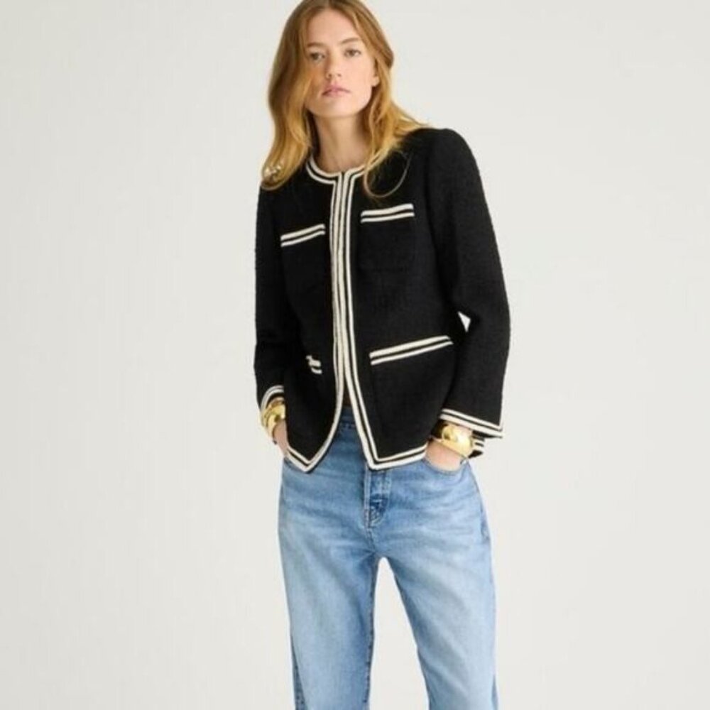 NWT J.Crew Longer Tweed Lady Jacket in Black Contrast Braided Trim Maritime 14